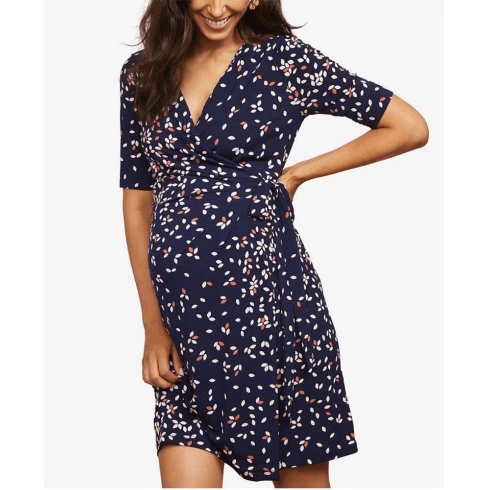 Motherhood Maternity‎ Wrap Dress Womens Small Navy Blue Peach Floral Leaf Print